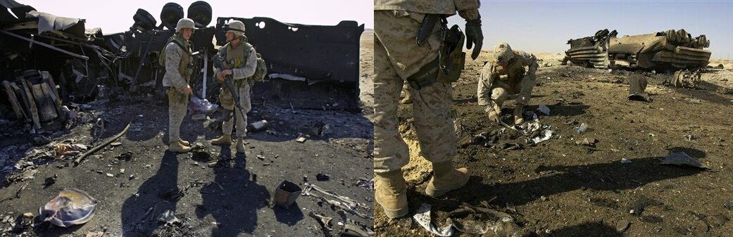 То, что осталось от  AAVP7A1 после подрыва на СВУ из 3-х снарядов в Хадите 03.08.2005.