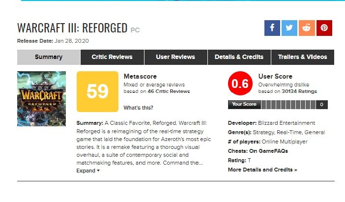 Оценка W3 Reforged на сайте Metacritic.com