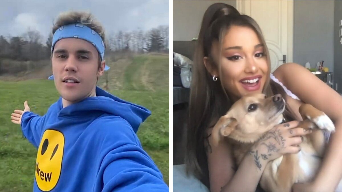 кадр из клипа "Stuck with U" от  Ariana Grande и Justin Bieber записанный в период самоизоляции