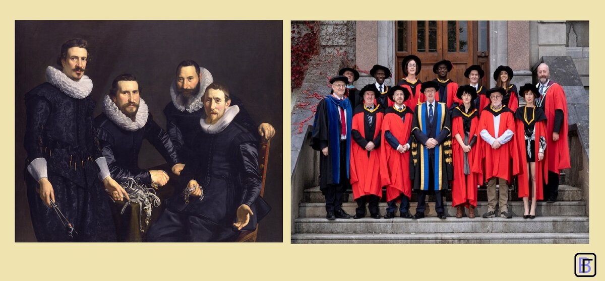 Слева - групповой портрет гильдии ювелиров 1627 г., справа - современные преподаватели английского колледжа
