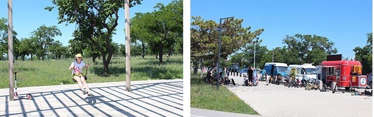 C левой стороны от центрального входа – стеклянный павильон-кафе типа фастфуд, где можно перекусить..