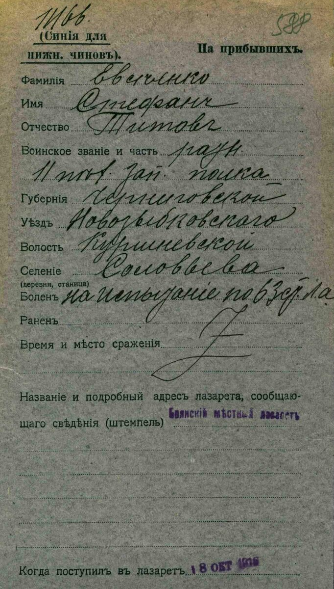 1916 год, Первая Мировая война, карточка пациента госпиталя на Евсеенко Стефана Титовича