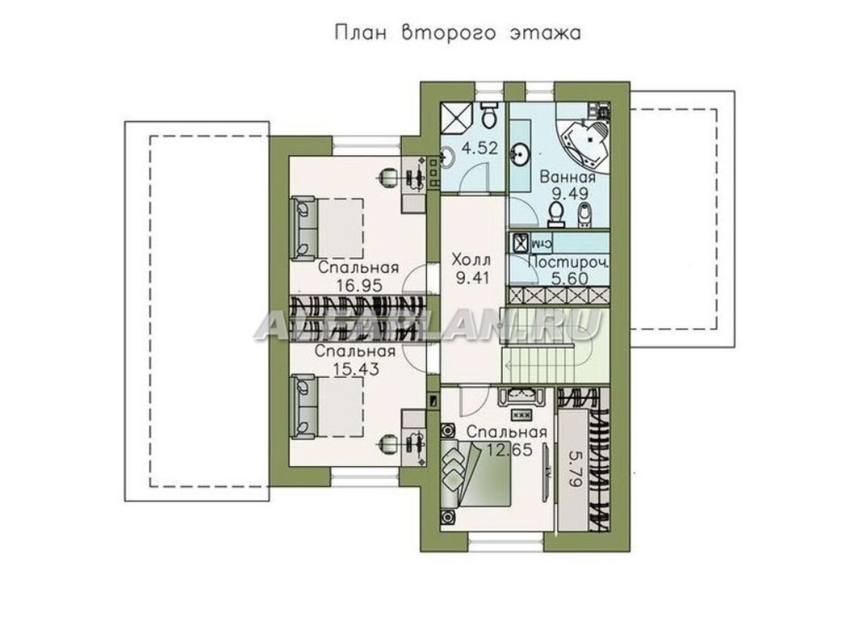2 этаж – зона отдыха, состоящая из 3 компактных спален, одна из которых оснащена гардеробной, в двух других предусмотрено место для шкафов. Удобно распланированы помещения технического характера 2го этажа: здесь есть санузел с душевой, большая ванная комната и постирочная с местом для хранения.