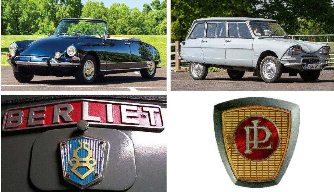 DS19 Decapotable (1961), Ami 6 Break (1964), logo Berliet, logo Panhard.