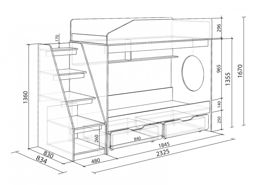 Чертеж двухъярусной кровати с размерами