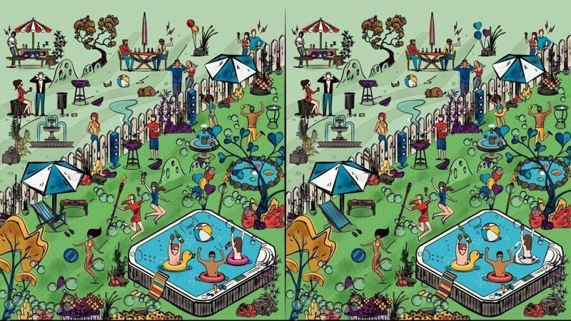 Найди отличия - уровень сложности для взрослых. Источник картинки: https://www.hotspringworld.co.uk/wp-content/uploads/2018/03/HotSpring-World-Spot-The-Difference-Hot-Tub-Party.jpg