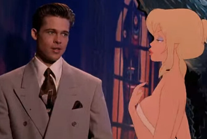 Брэд Питт и мультяшная Ким Бейсингер в фильме «Параллельный мир», 1992 год