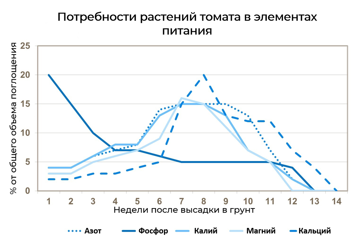 Потребности томатов в элементах питания в зависимости от недели после высадки в грунт. Исходя из этого графика и следует осуществлять подкормки. 