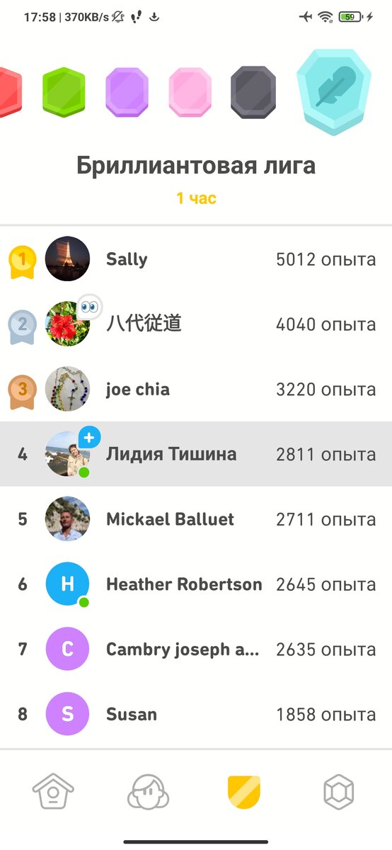 чтобы вы смогли оценить по "опыту", то за пройденный урок, можно получить максимально 15 очков "опыта", если ты не ошибся в нем, если ошибся, то меньше... Чувак на первом месте, за 7 дней прошел 358 уроков значит, примерно... 😎