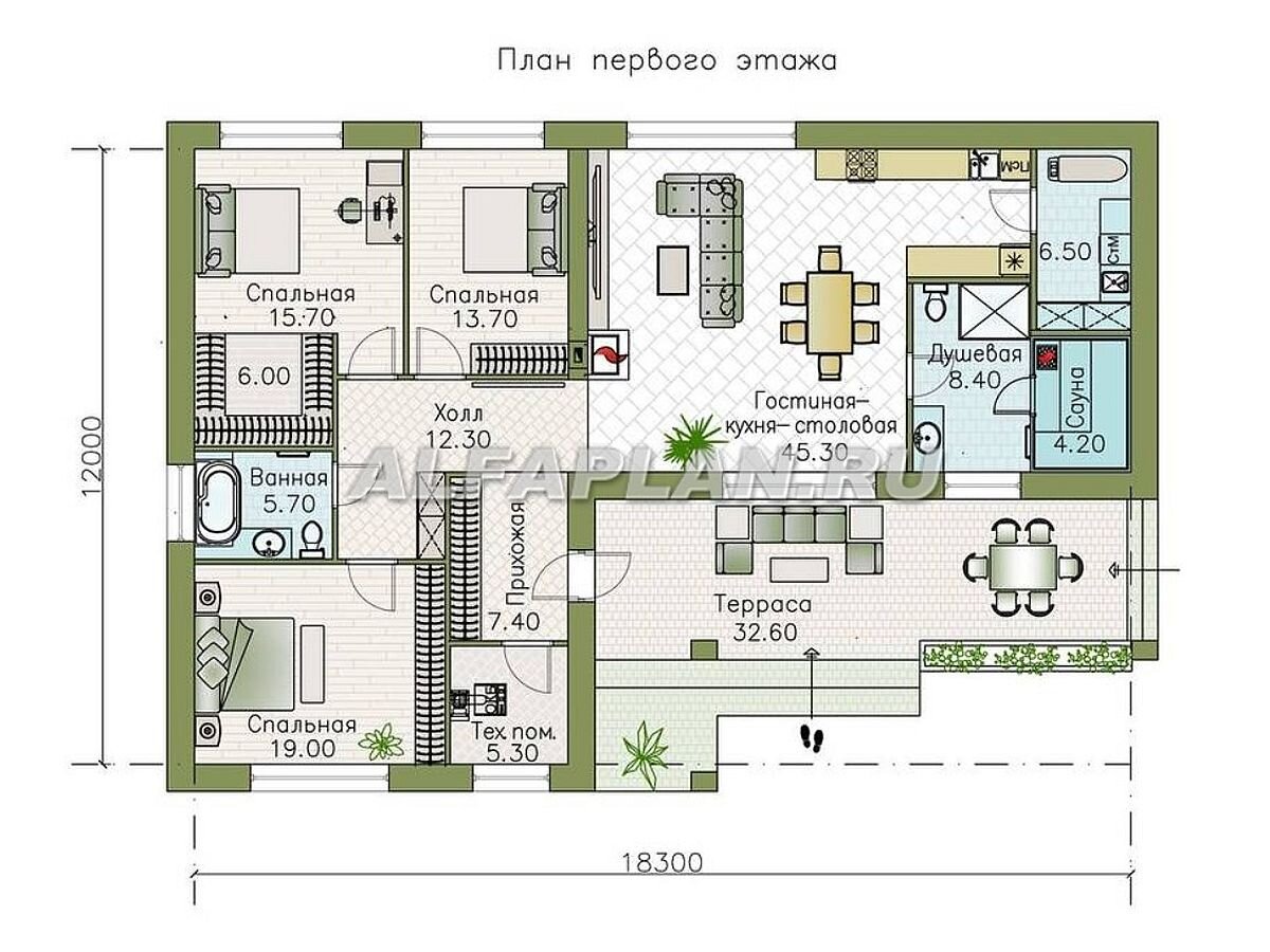 Проект одноэтажного дома «Алазея» 681А с сауной и террасой, 166м2 , 3  спальни | Популярные проекты домов Альфаплан | Дзен