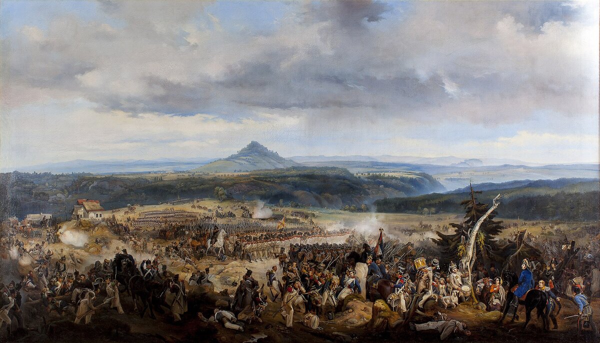 Сражение при Гиссгюбеле 16 августа 1813 года (за день до сражения под Кульмом). Отряд Остермана пробивается к Теплицу. Фрагмент картины Б. Виллевальде