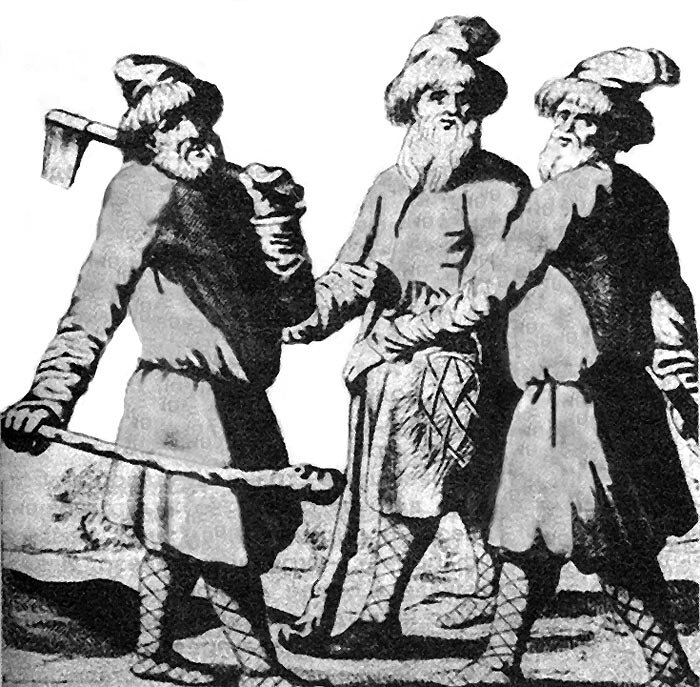 Крестьяне. Гравюра из книги А. Олеария "Описание путешествия Голштинского посольства в Московию и Персию"