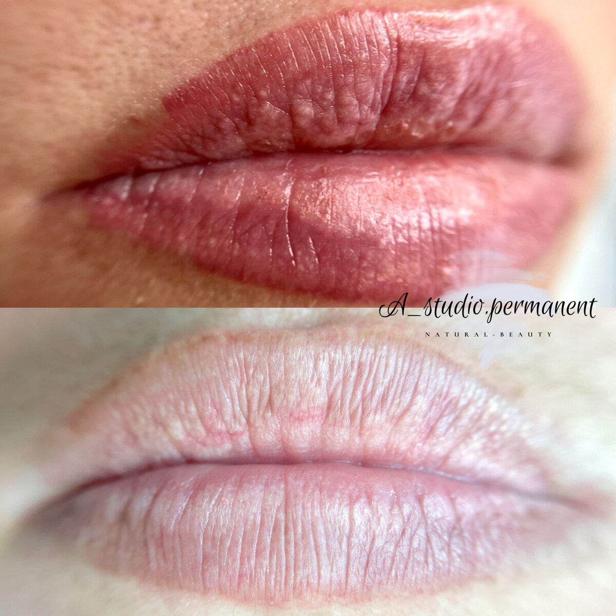 Фото сверху — ДО: выход за контур, неравномерный цвет, слишком яркий оттенок, вместо желаемого клиентом натурального эффекта. Фото снизу — неокончательный результат чистой кожи.