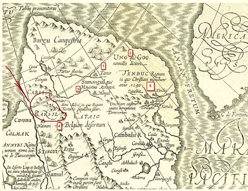 Европейская карта главной или исходной части Великой Тартарии 17-го века. 1 - РекаТартар, 2-3 Гог и МаГОГ, 4- Бельгийская пустыня, 5- Тендук, плюс Пирамиды с расположенными в том районе усыпальницами императоров Тартарии.