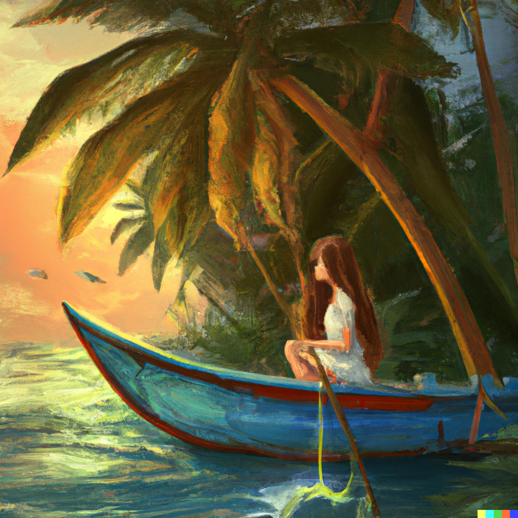 Красивая тайская девушка рыбачит на лодке на фоне кокосовых пальм