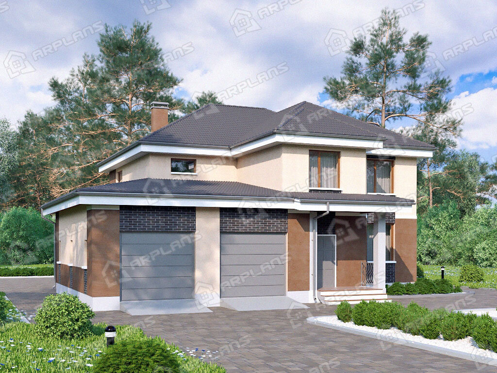 Фото 2 двухэтажного дома из блоков с 3 спальнями, балконом, гостевой, газовой котельной, террасой и гаражом на 2 авто. Общая площадь 315 кв м. Источник arplans.ru Проект К-273