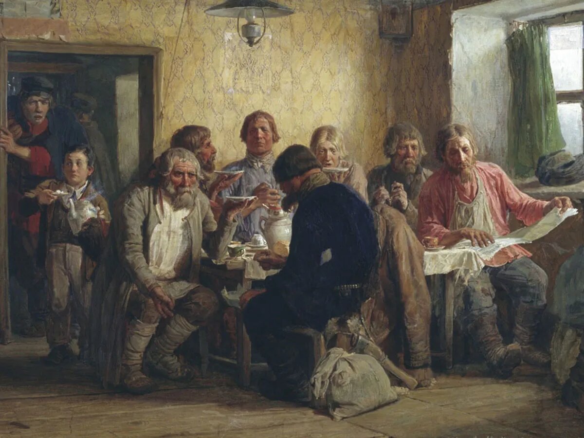 ВИКТОР ВАСНЕЦОВ. ЧАЕПИТИЕ В ТРАКТИРЕ (В ХАРЧЕВНЕ) (ФРАГМЕНТ). 1874. ХАРЬКОВСКИЙ ХУДОЖЕСТВЕННЫЙ МУЗЕЙ, ХАРЬКОВ, УКРАИНА