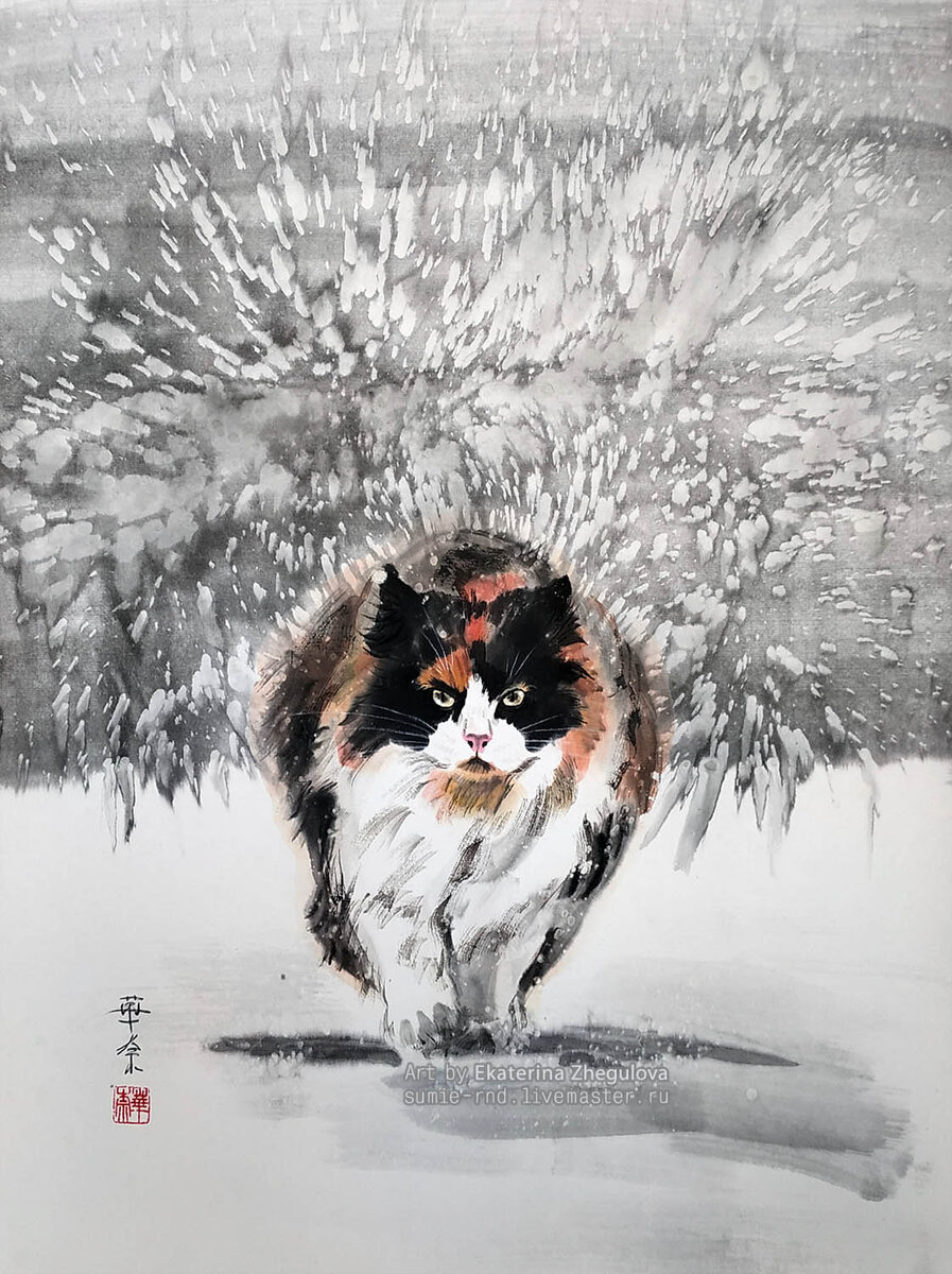 Картина суми-э "Эпичный финал", автор Екатерина Жегулова