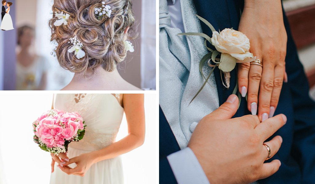 бутоньерка, свадебная прическа, букет невесты, обручальные кольца