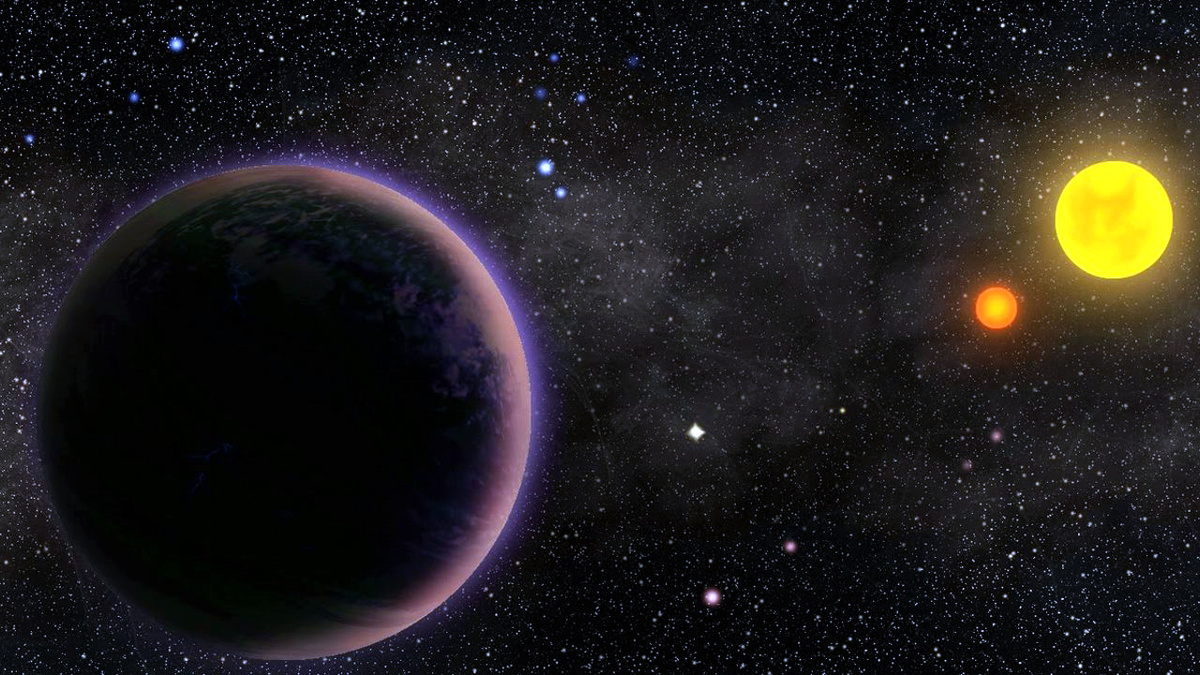 Художественное представление экзопланеты Kepler-16 b в его двойной звёздной системе. Фото: NASA / JPL-Caltech 