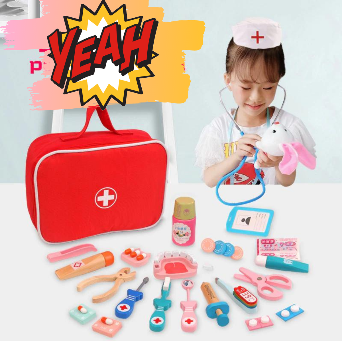 Помогите сохранить здоровье вам и вашим друзьям с помощью этого удобного комплекта Доктор по вызову. 
Включает деревянные части, которые напоминают предметы, как у настоящего врача.
Тканевая сумка застегивается для удобного путешествия к пациенту, будь то человек или животное.
Стимулирует воображение и стимулирует целительную ролевую игру.
Игрушка изготовлена из безопасных для детей и прочных материалов, гарантирующих, что это игрушка, которую ваш ребенок будет любить долгие годы.