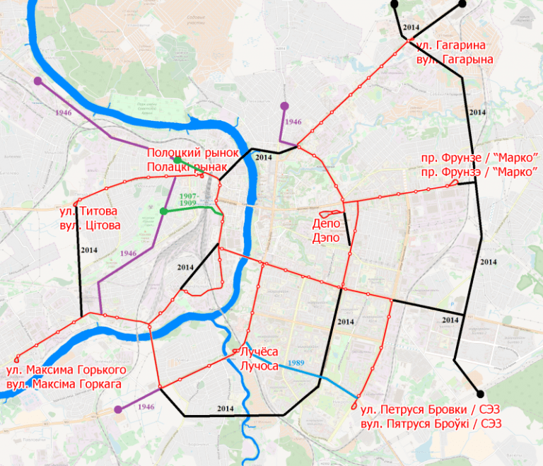 Нереализованные проекты Витебского трамвая. Действующие линии обозначены красным цветом. Источник: Википедия