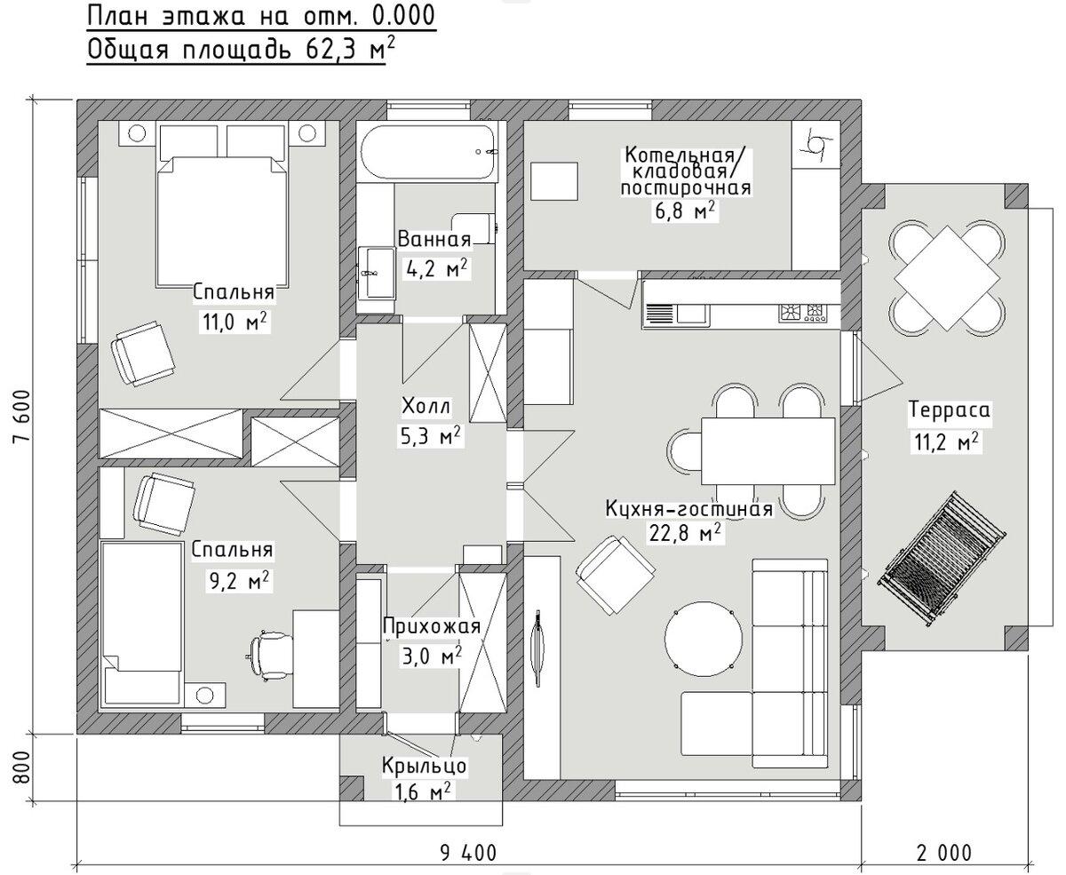 Базовая планировка двухспаленного домика с Террасой