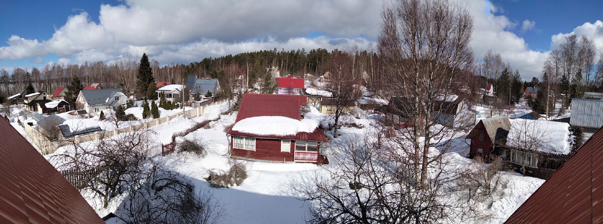 Панорамный вид дачного поселка с мансардного окна нашего дома. Слева за берёзками видно замёрзшее озеро. Прямо и справа- лес.