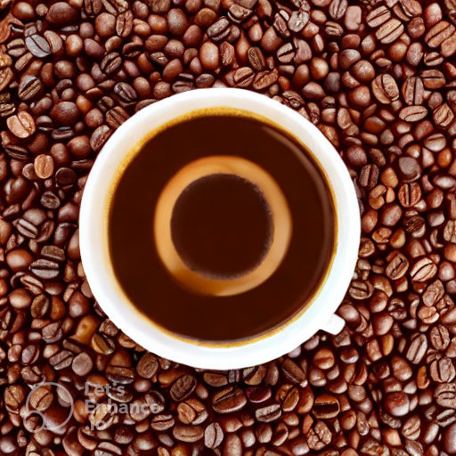 Изображено: кофейные зерна по среди них чашка ароматного кофе.