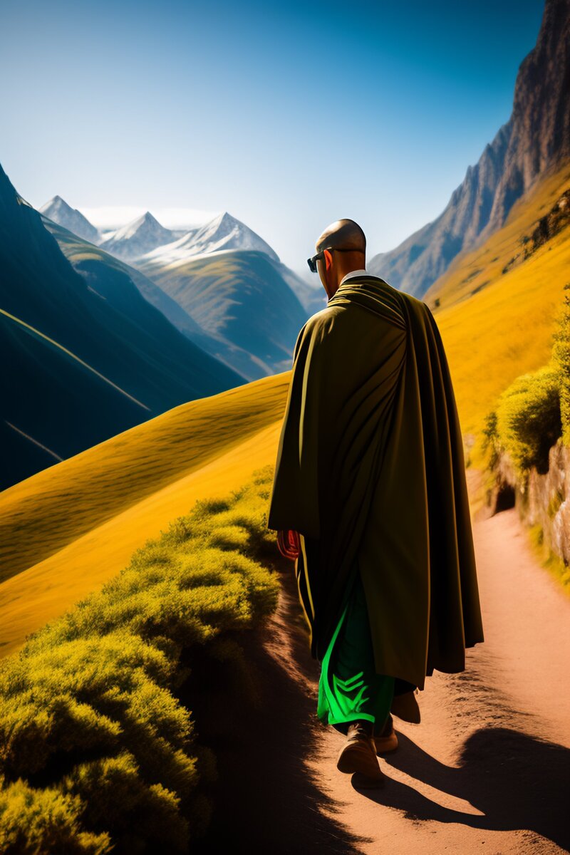 Монах в темно-зеленой монашеской рясе и солнцезащитных очках идет по горному ландшафту в солнечный день