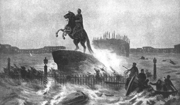 "Медный всадник" на Сенатской площади, затопленной водой/ © public domain