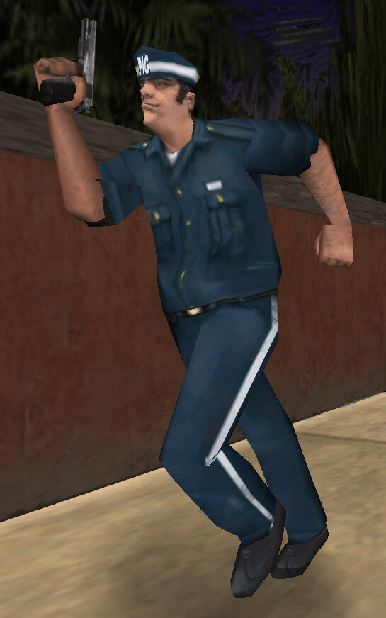 Надпись «PIG» можно увидеть на фуражке. В мире Вайса PIG расшифровывается так: патрульная группа расследования. Изображение из GTA Vice City. Разработчик: Rockstar Games