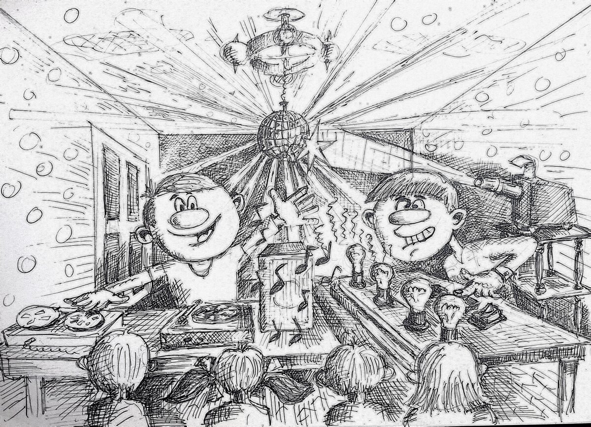 Женька Дьячков и Димка Игошев 1980 год. Первая самостоятельная дискотека на дому. Картинка нарисована автором.  :) 