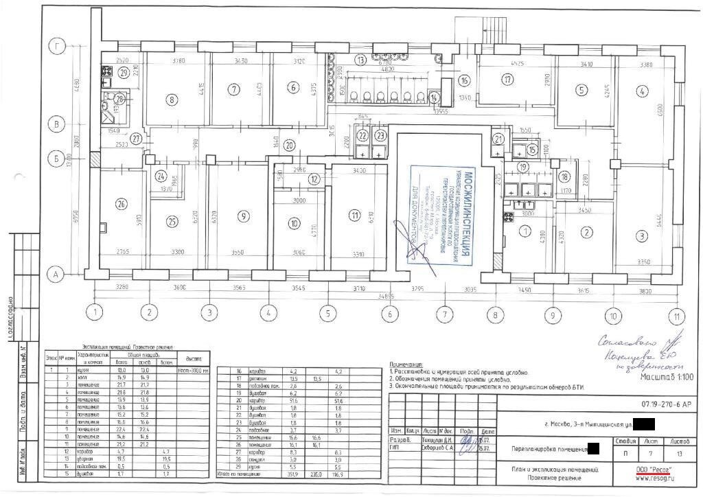 Лист из проекта с согласованной планировкой нежилого помещения