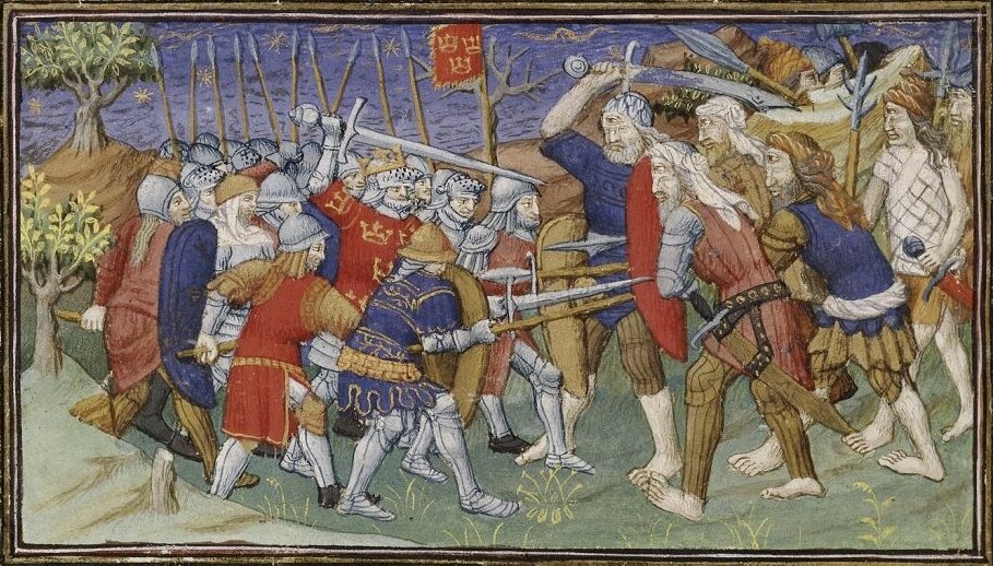 Средневековая миниатюра с доминированием белого, синего и красного (о походе Александра Македонского)