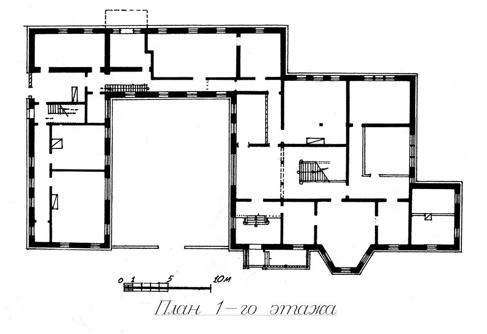 Рис. 2. Усадьба Каменских. Главный усадебный дом. План 1 этажа. © Чертеж Агранович В.А., 2000 г.