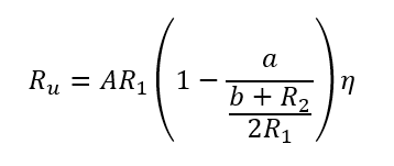 Эмпирическая формула расчета предела прчности различных видов кладок (формула Онищика). R₁ - предел прочности камня; R₂ - предел прочности раствора; А, a, b, 𝜂 –  поправочные коэффициенты, учитывающие различные особенности типа кладки