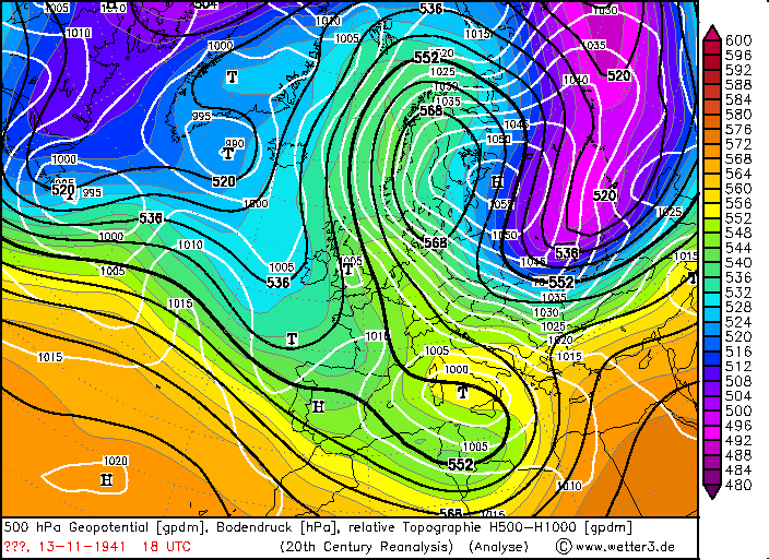 
Карта реанализа за 18 UTC 13 ноября 1941 года. Высота геопотенциала 500 гПа и атмосферное давление на уровне моря. Восточно-Европейская равнина во власти мощного антициклона
Источник – www1.wetter3.de