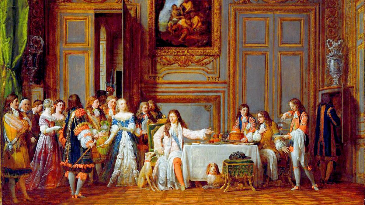  Мольер, удостоенный приглашения к столу Людовика XIV. Франсуа-Жан Гарнере (или Гарнери, 1755-1837), масло на панели, датировано 1824 годом. Из открытых источников