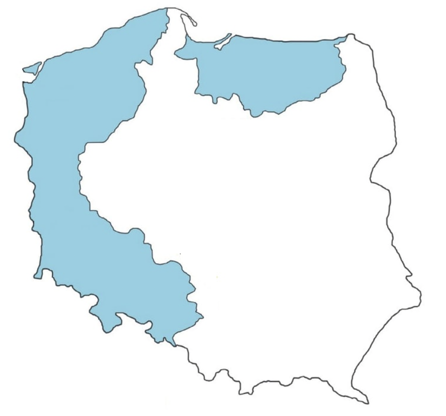 Карта Польши. Голубым - утраченные Германией территории.