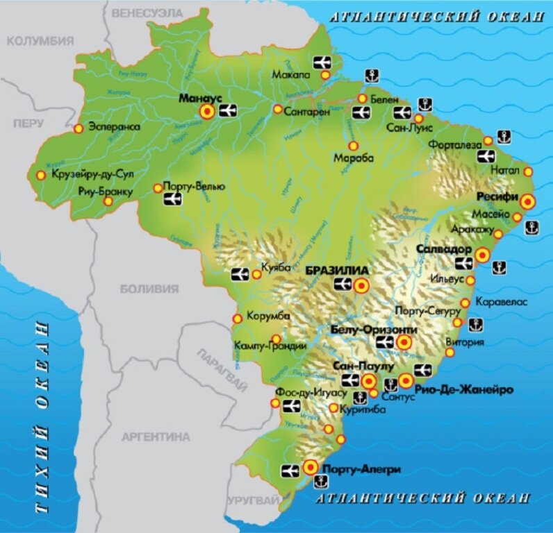 Столица бразилии на политической карте. Карта Бразилии географическая. Расположение Бразилии на карте. Рио-де-Жанейро город в Бразилии на карте. Крупные города Бразилии на карте.