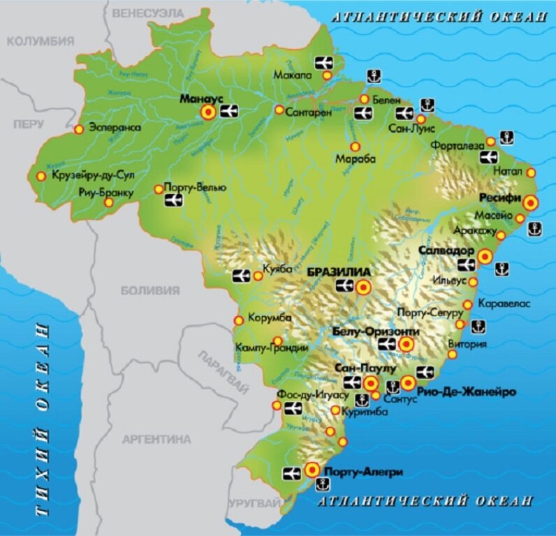 Материк бразилии. Расположение Бразилии на карте. Карта Бразилии географическая. Крупные города Бразилии на карте. Рио-де-Жанейро город в Бразилии на карте.