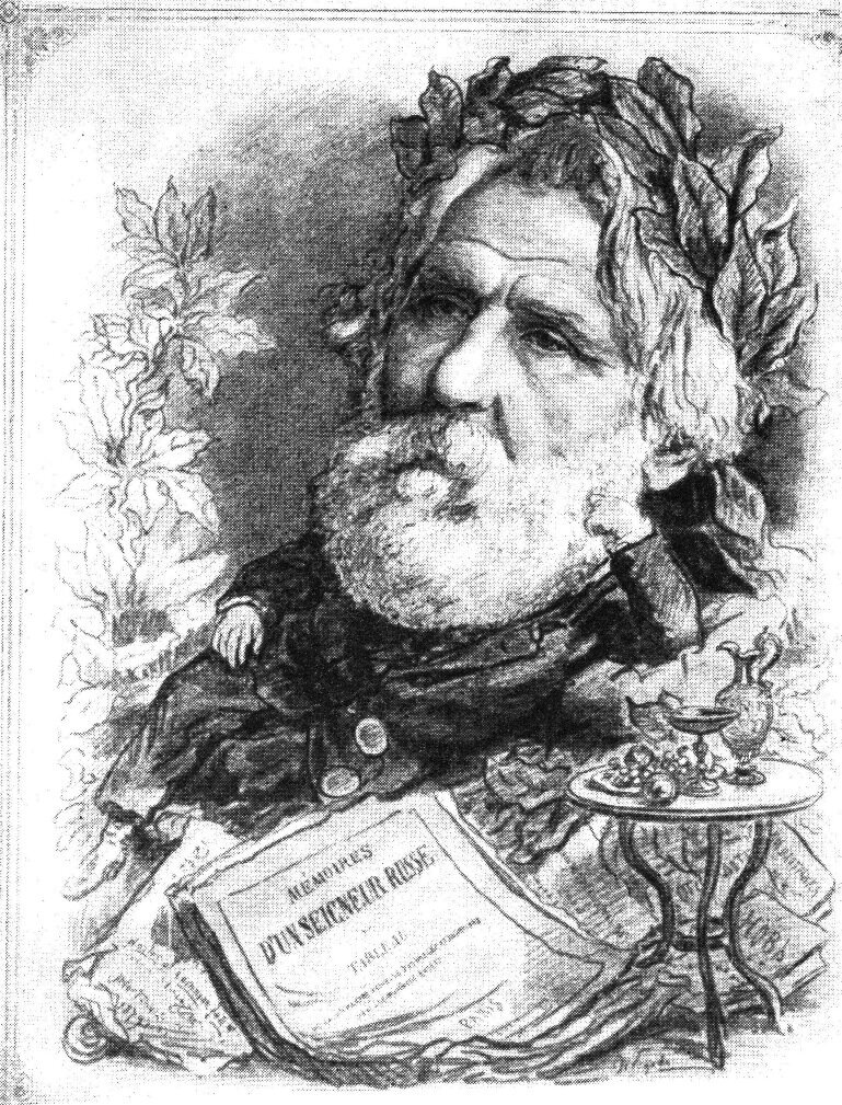 Тургенев. Шарж  А.И. Лебедева. Литография. «Карикатурный альбом современных русских деятелей, изд. Журнала «Стрекоза», вып. Ш, Спб., 1879