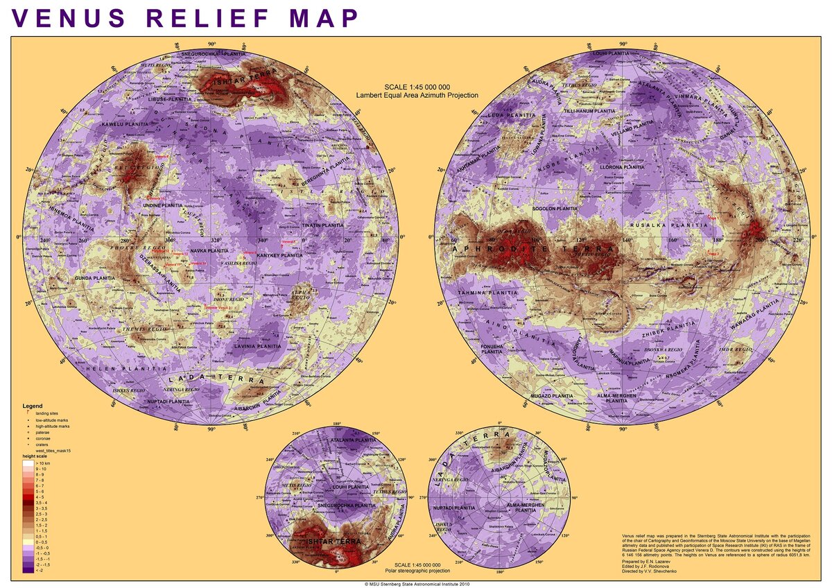 Карта рельефа Венеры. Видны три материка: на севере Иштар, в тропиках Афродита, на юге Лада. Листайте галерею, там карты регионов в большом разрешении.