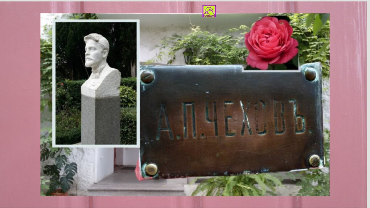 Дощечка с дверей Дома-музея Чехова в Ялте, бюст писателя, роза сорта "Антон Чехов".