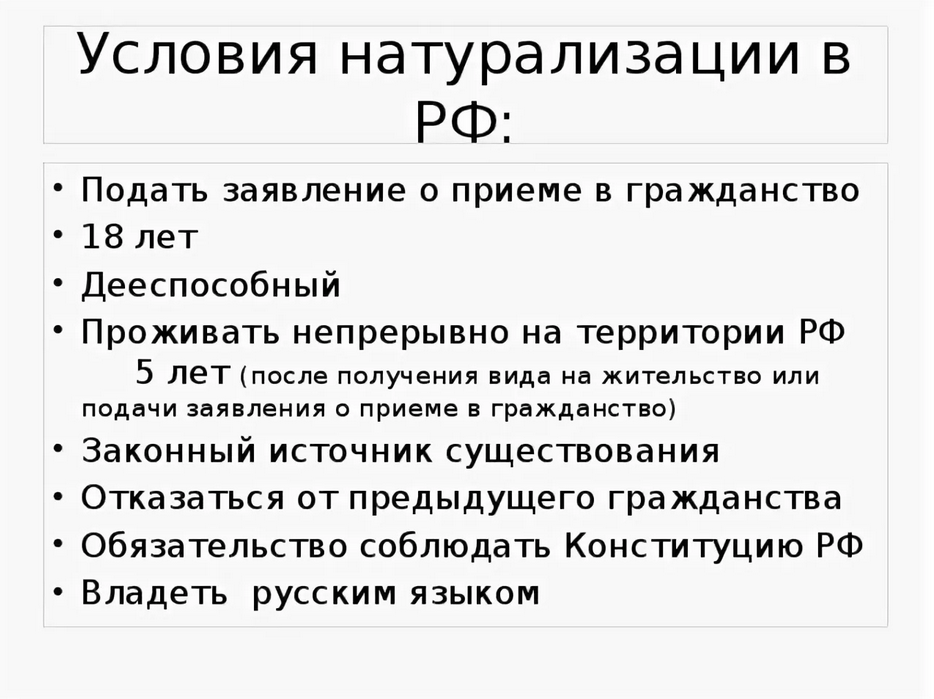 Примеры натурализации. Условия натурализации. Натурализация в России.