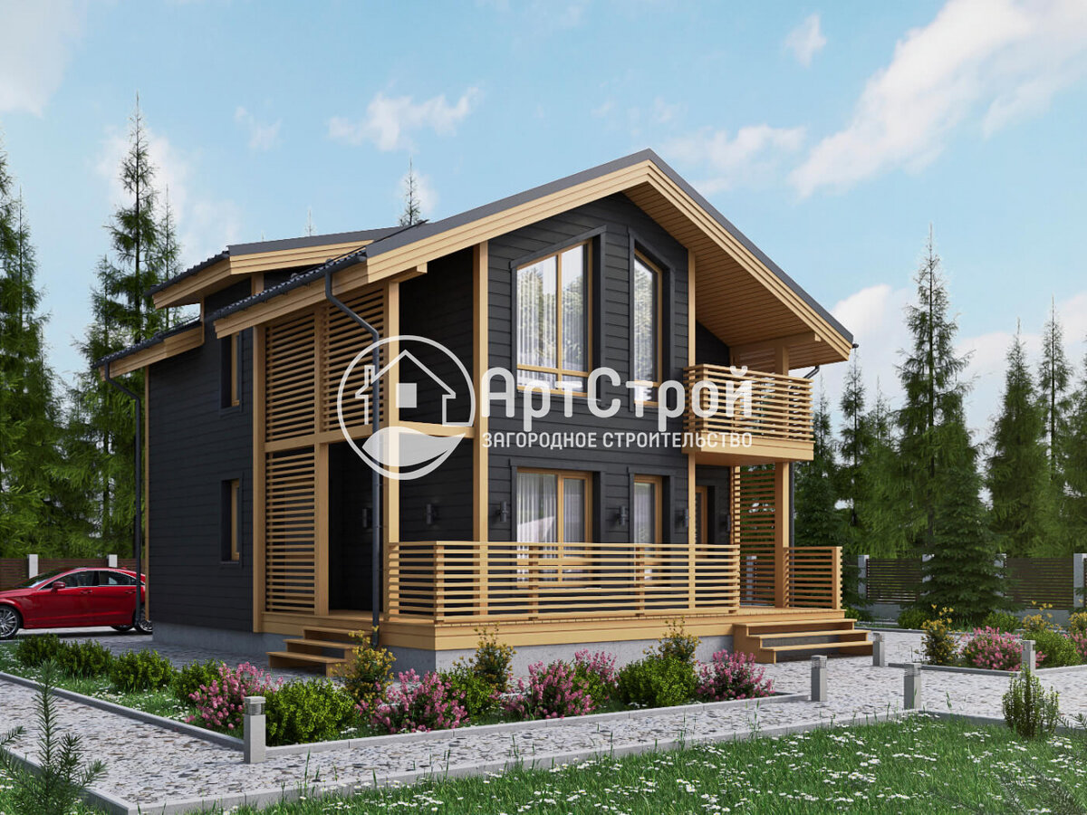 Внешний вид дома с фасадами и доборными элементами разных цветов