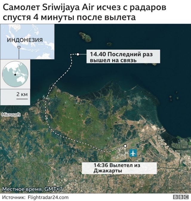 Индонезийская армия утром 10 января сообщила, что в воде удалось найти обломки самолета - они находятся на глубине в 23 метра. Президент России Владимир Путин вечером в субботу направил Индонезии свои соболезнования в связи с крушением.