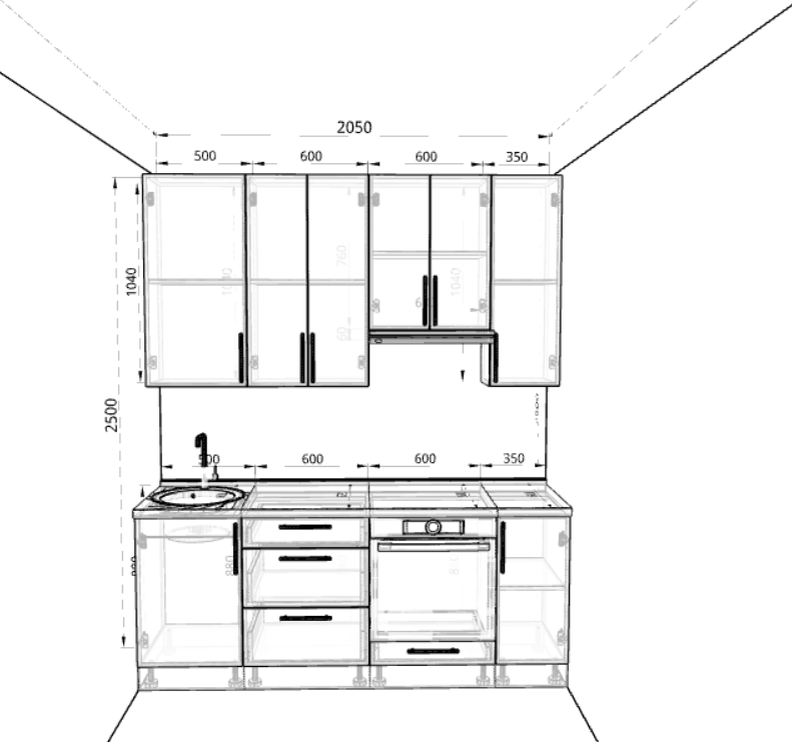 В цену вошли: корпус лдсп (полок по 2шт=дно в верхних шкафах), столешка скиф 38мм влагостойкая с пластиковым покрытием, плинтус в цвет, ручки металл, петли кдм с доводчиком, направляющие малых ящиков кдм шариковые полновыкатные, направляющие глубоких ящиков  - скрытый монтаж боярд, сушка, лоток все,что нужно для установки, сборка, установка. фасады мдф пленка гладкие - 66 500руб, мдф краска мат гладкие 68 000 руб, мдф краска глянец гладкие - 73 990руб, мдф пленка+ фрезеровка - 76 240руб,  мдф пластик в ал профиле - 79 230мдф краска+фрезеровка и мдф краска+шпон - 89 000руб. И тут снова можно кдм сметит на хеттих, или на блюм и цена взлетит, можно еще кучу всего добавить, и чек каждый раз будет разный.