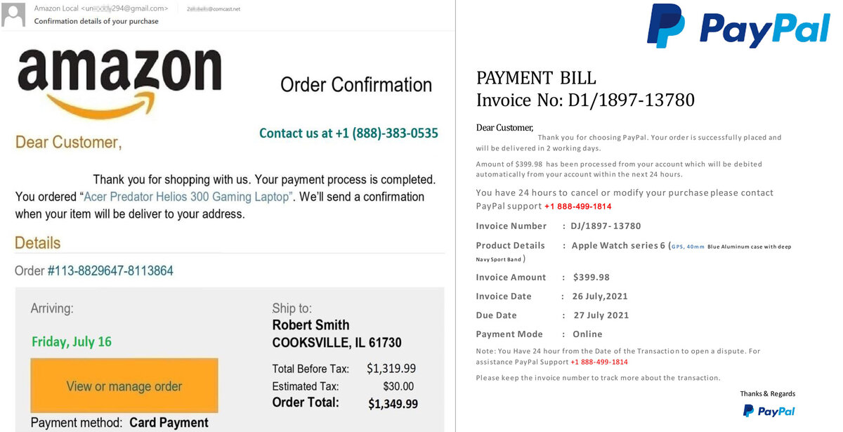 Фальшивые уведомления о крупных покупках от имени PayPal и Amazon с вишинговыминомерами телефонов
